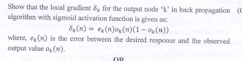  Show that the local gradient k for the output node 'k'