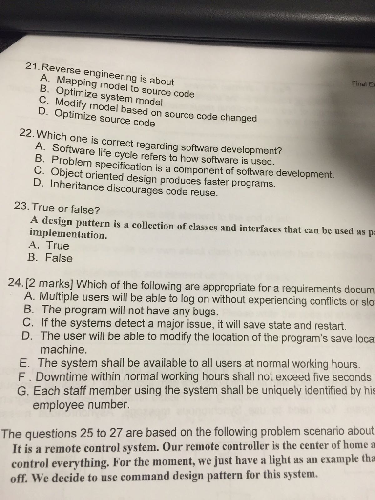  Reverse engineering is about A. Mapping model to source code B.