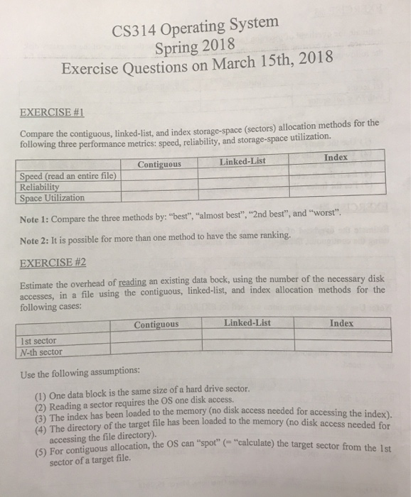  CS314 Operating System Spring 2018 Exercise Questions on March 15th, 2018
