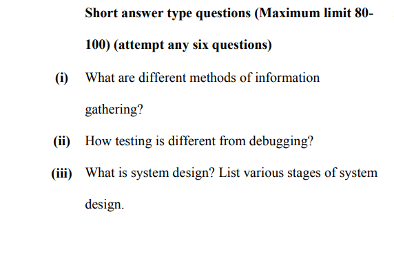  Short answer type questions (Maximum limit 80- 100) (attempt any six
