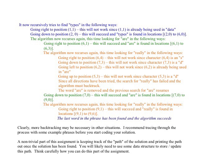 a backtracking algorithm to find phrases in a puzzle. Idea: "Word search"