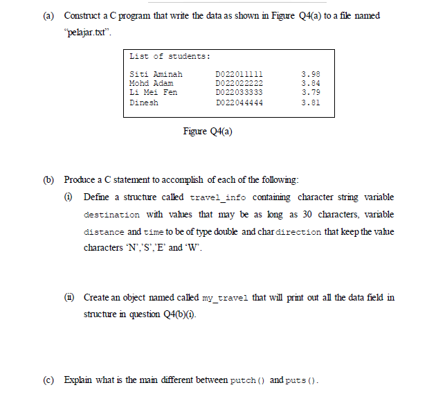  Using C programmning (a) Construct a C program that write the