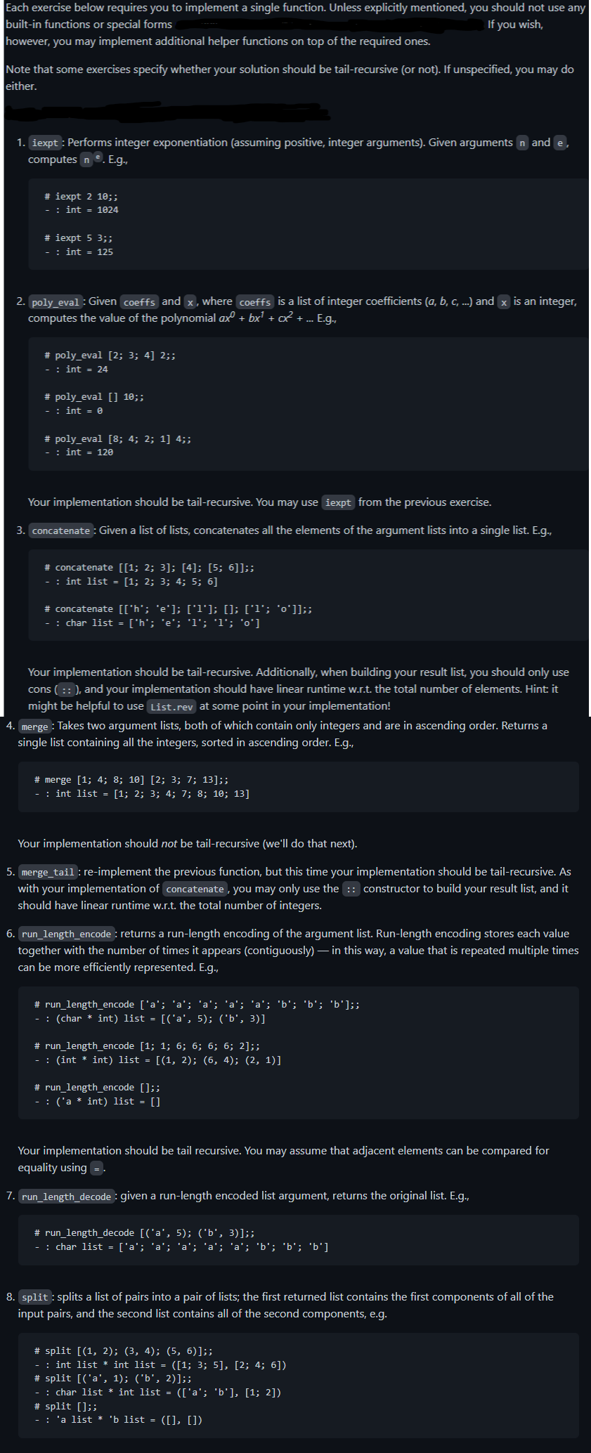 Use OCaml programming language to generate functions for the following scenarios built-in