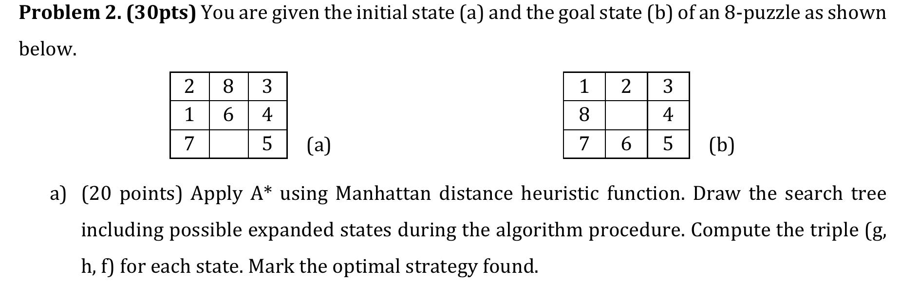  Problem 2. (30pts) You are given the initial state (a) and