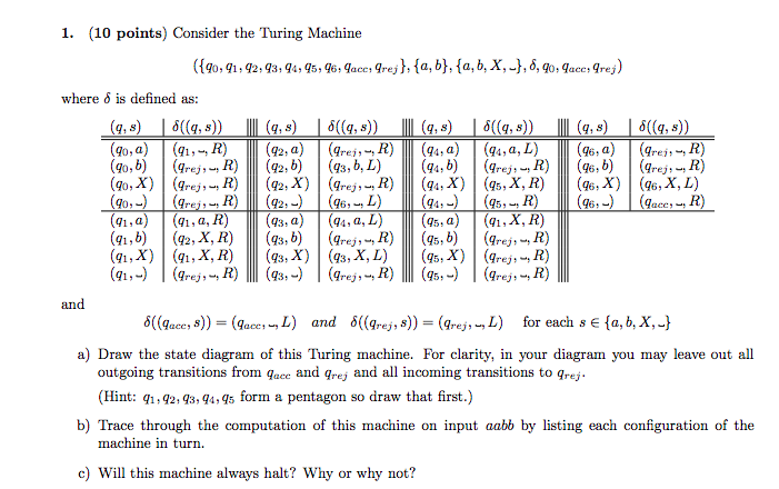 1. (10 points) Consider the Turing Machine where is defined as:
