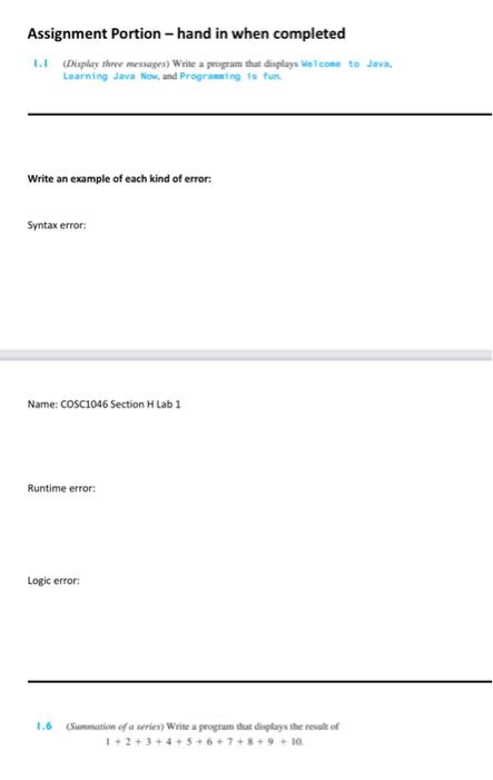 find the answer Assignment Portion - hand in when completed 1.1 (Displary