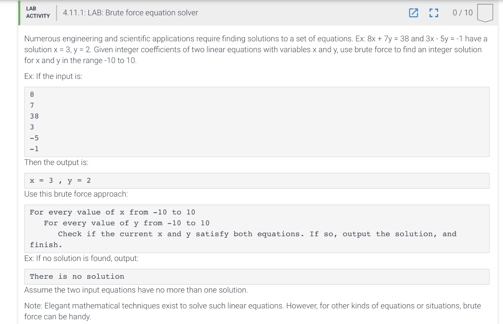  LAB ACTIVITY 4.11.1: LAB: Brute force equation solver in python. 010