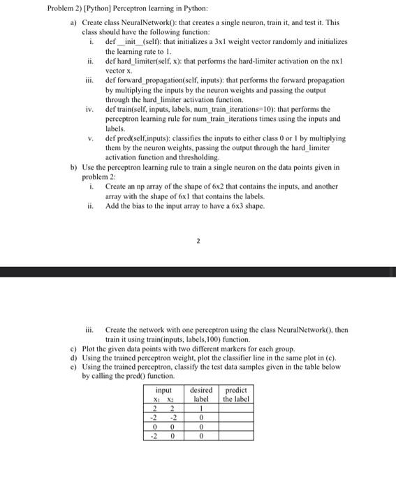  Problem 2) [Python] Perceptron learning in Python: a) Create class NeuralNetwork():