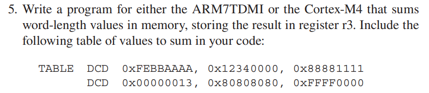 5. Write a program for either the ARM7TDMI or the Cortex-M4
