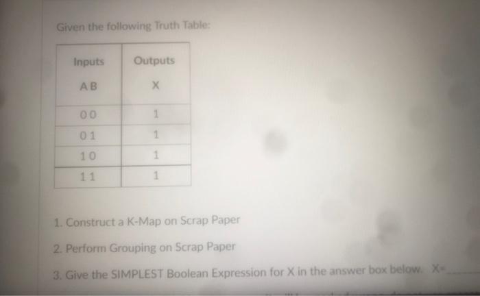  Given the following Truth Table: 1. Construct a K-Map on Scrap