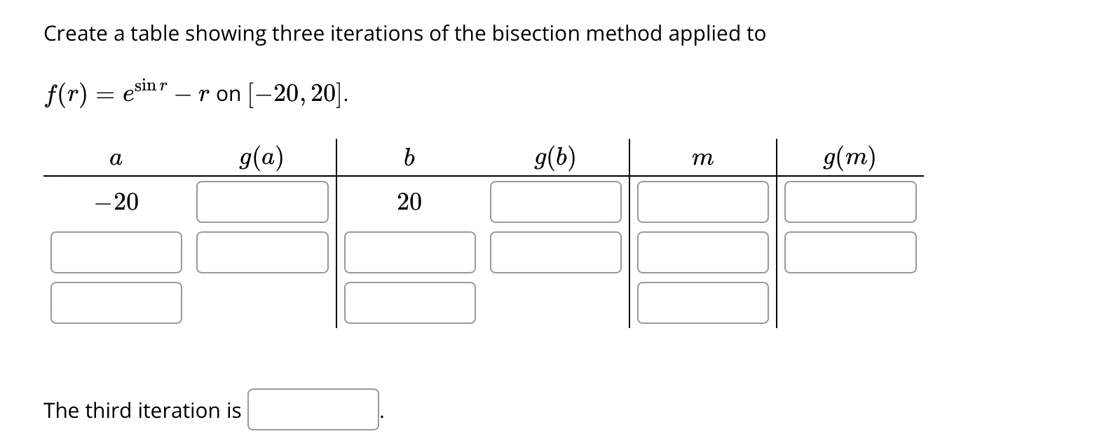 Create a table showing three iterations of the bisection method applied