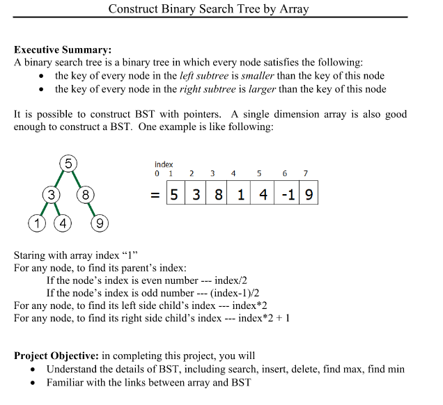 Please Write in C++ Construct Binary Search Tree by Array Executive Summary:
