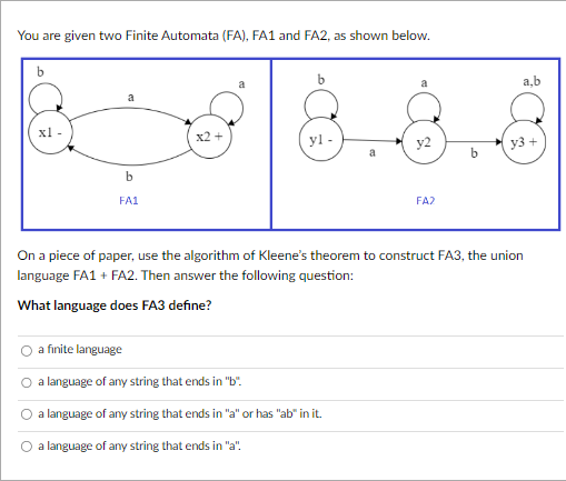  You are given two Finite Automata (FA), FA1 and FA2, as