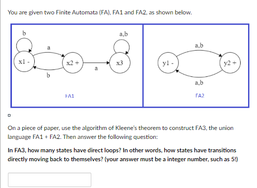  You are given two Finite Automata (FA), FA1 and FA2, as