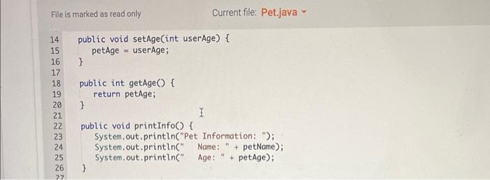 petName, dogName, dogBreed; int petAge, dogAge; petName = scnr. , nextLine( )