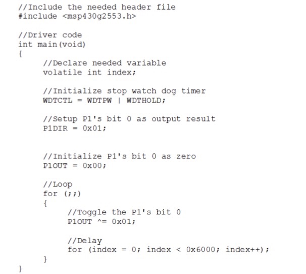 part 2.1 and create a C program that runs on the MSP430