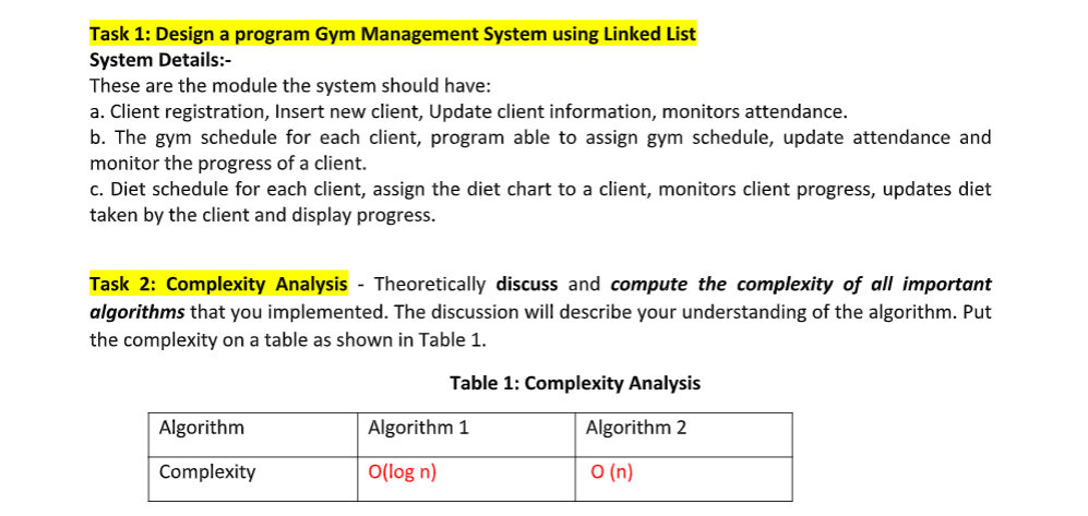  Task 1: Design a program Gym Management System using Linked List