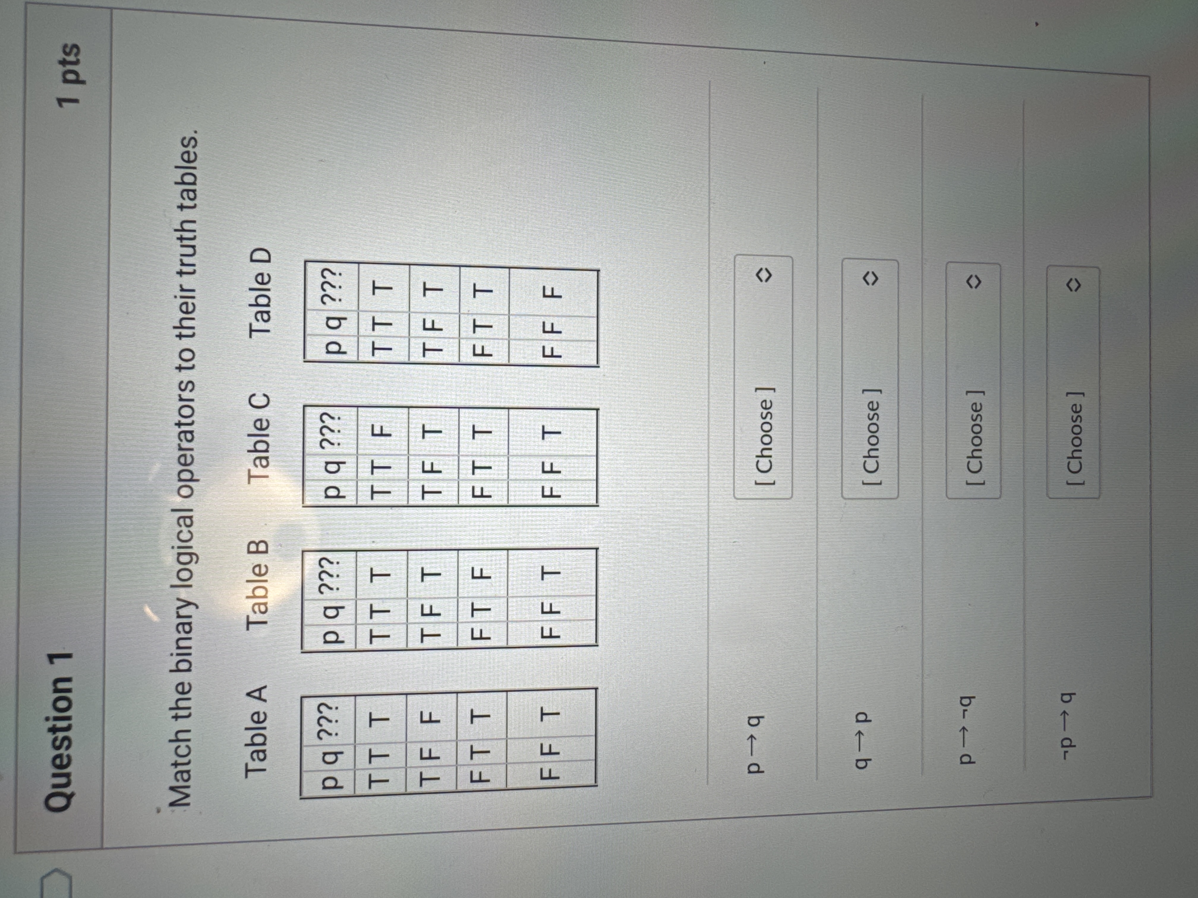  Question 1 1 pts Match the binary logical operators to their
