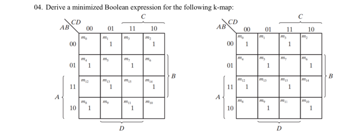  Derive a minimized Boolean expression for the following k-map: 