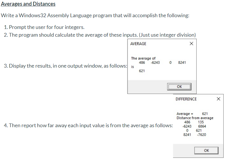  8086 assembly language Averages and Distances Write a Windows32 Assembly Language