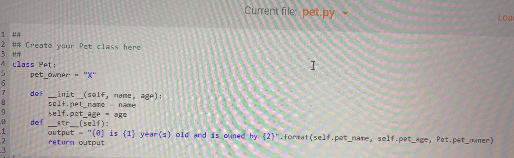 pet_name = input("Please enter the pet's name") print() if pet_name == 'q'