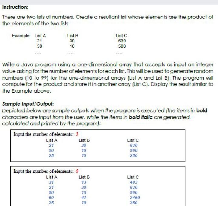  One-Dimensional Array Instruction: Write a Java program using one - dimensional