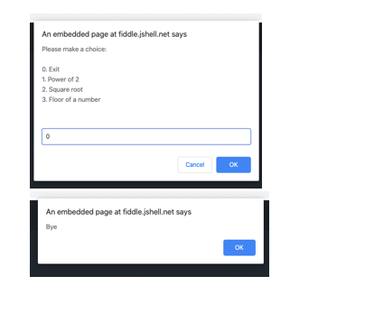 o choice o-exists with an alert message "Bye" o Choice 1 -