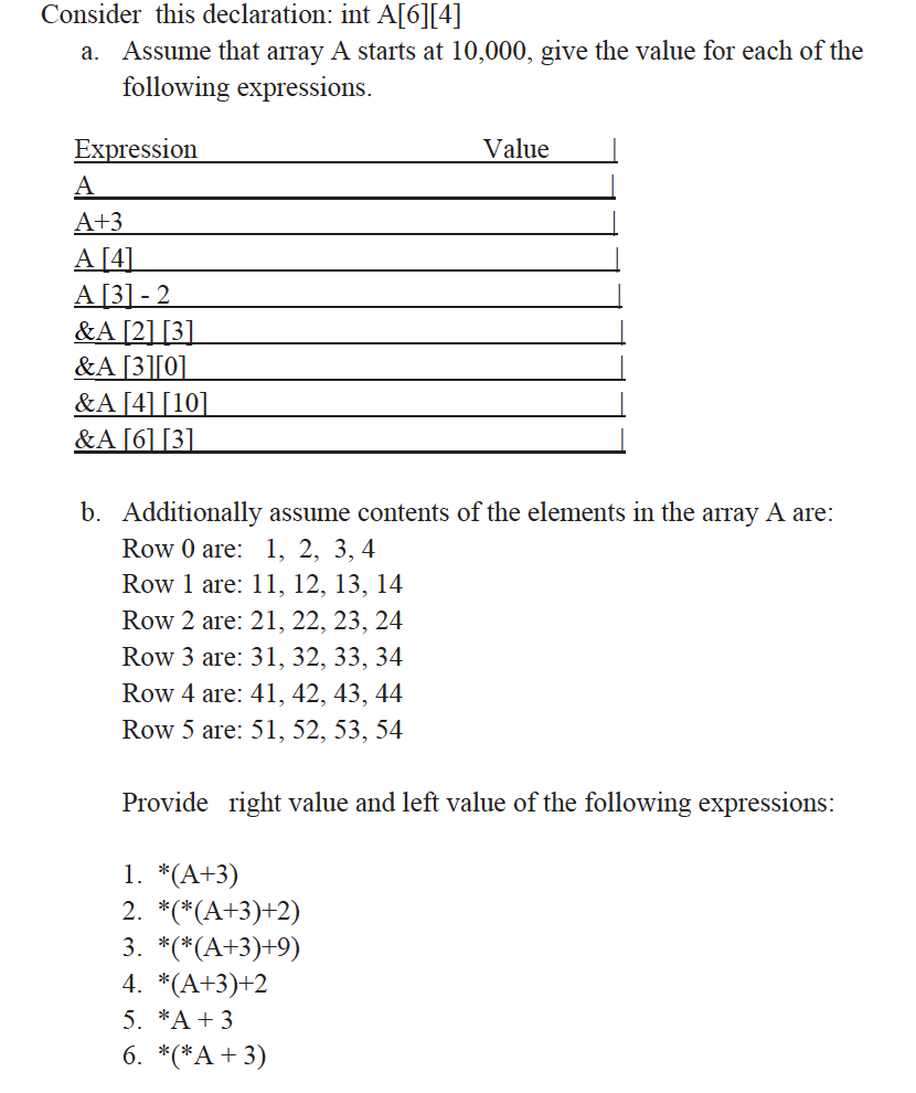  Consider this declaration: int A[6][4] a. Assume that array A starts