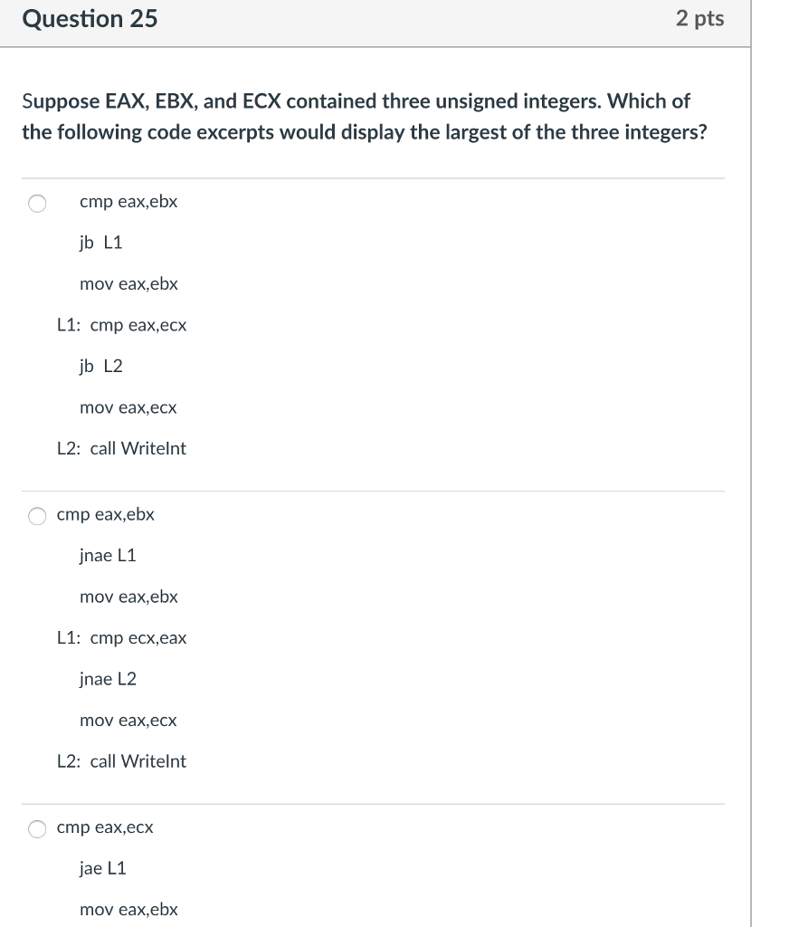  assembly language question, which one is the correction answer? Question 25