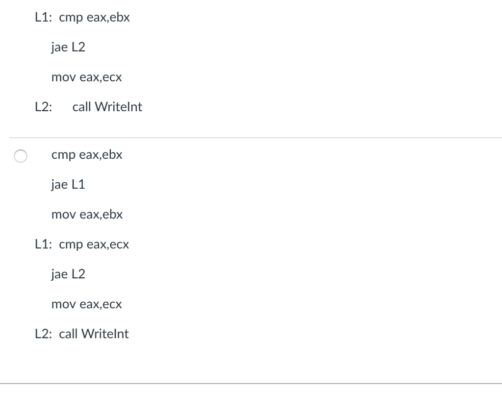 2 pts Suppose EAX, EBX, and ECX contained three unsigned integers. Which