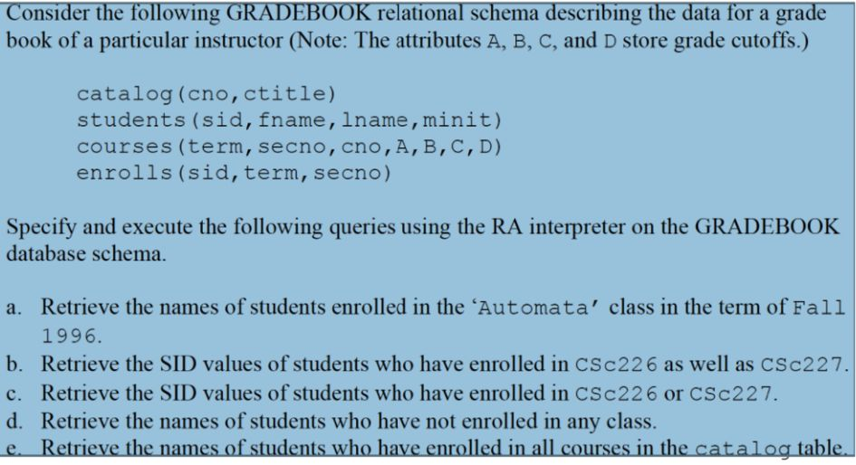 PLEASE ANSWER USING RELATIONAL ALGEBRA INTERPRETER ON THE WINDOWS COMMAND PROMPT. Consider