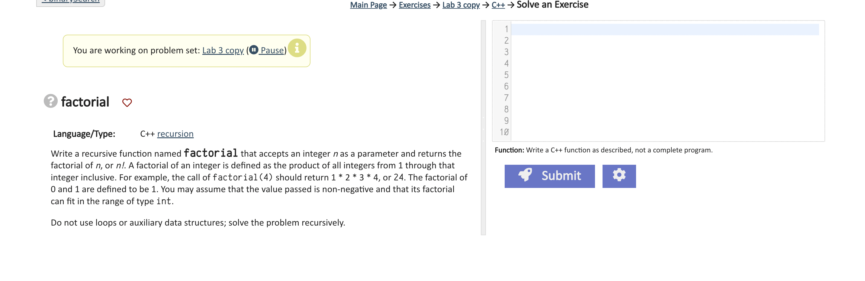  Main Page Exercises Lab 3 copy C++ Solve an Exercise You