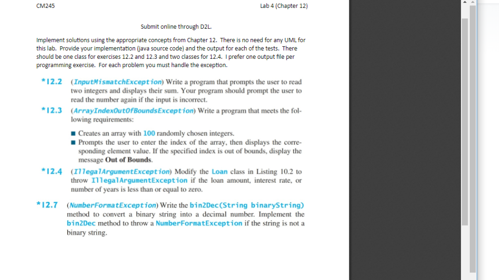  CM245 Lab 4 (Chapter 12) Submit online through D2L Implement solutions