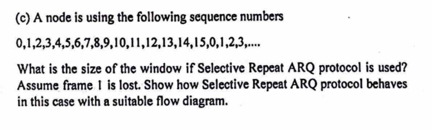  (c) A node is using the following sequence numbers 0,1,2,3,4,5,6,7,8,9,10,11,12,13,14,15,0,1,2,3,dots What