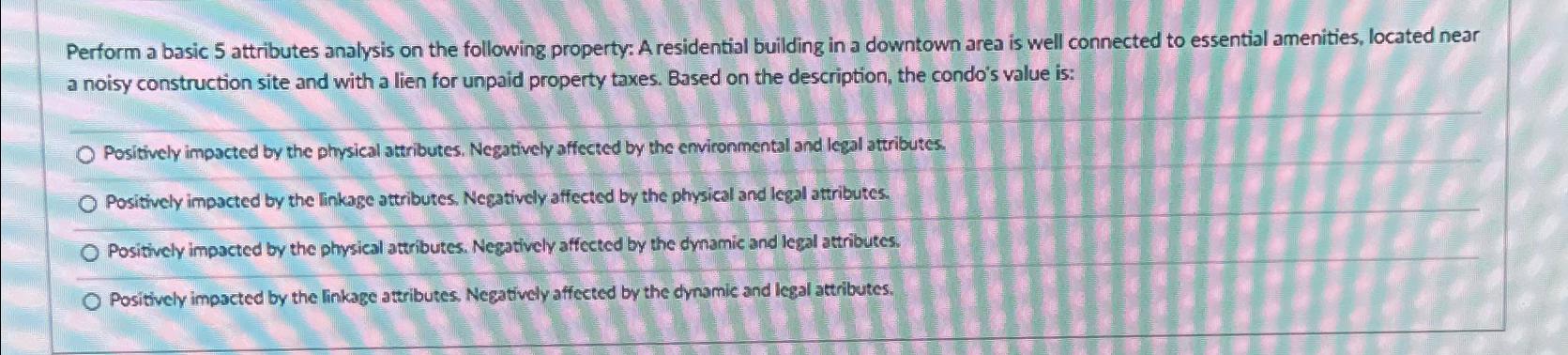 Perform a basic 5 attributes analysis on the following property: A