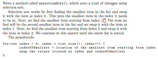 Write a java method called selectionSort(), which sorts a List of Integer