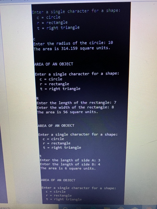 compute the area of a shape selected from a menu by the