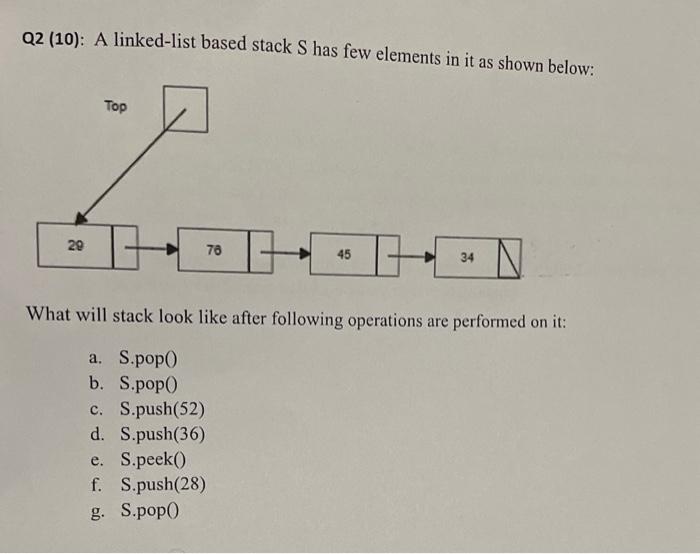  Q2 (10): A linked-list based stack S has few elements in