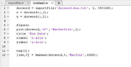 Matlab Fix the following code: Error: importfile.m | Untitled2.m X1+ 1docword-importfile(' docword.kos.txt',