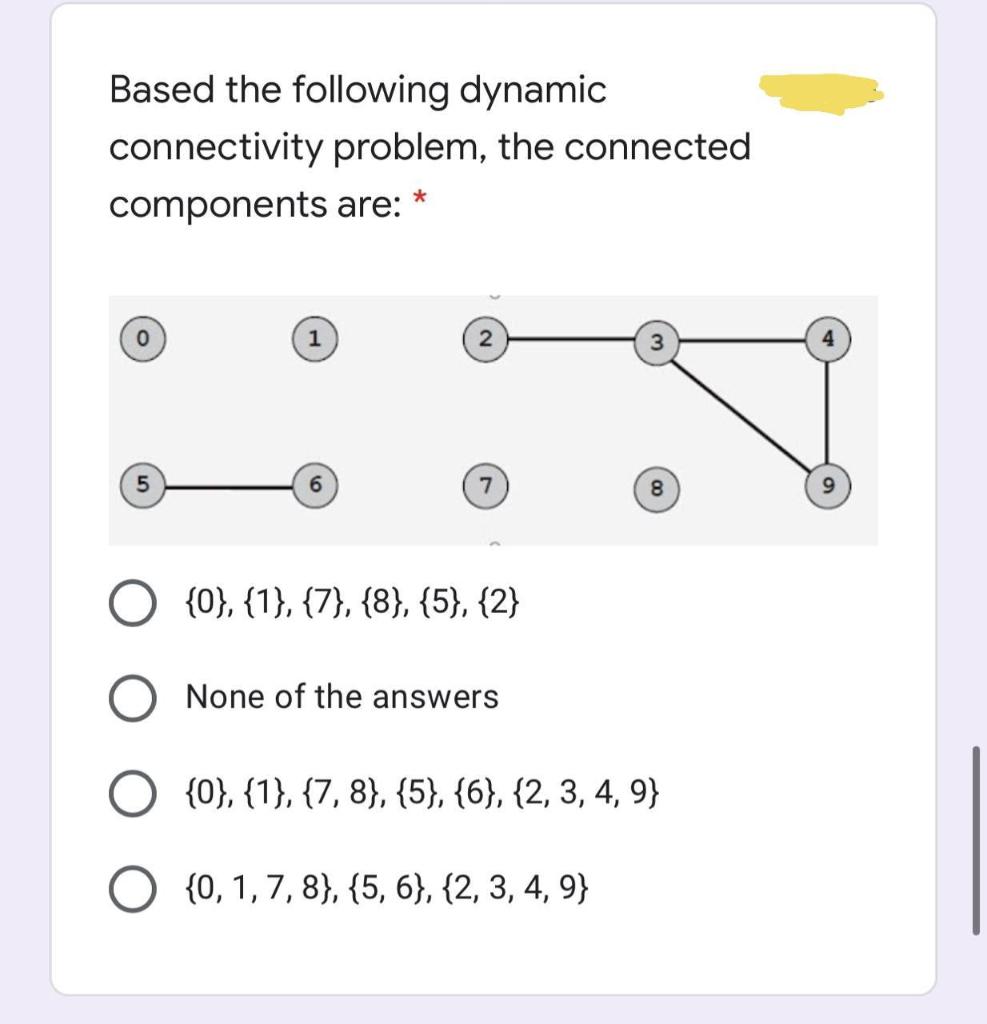 Based the following dynamic connectivity problem, the connected components are: *