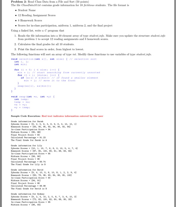  C PROGRAMMING ONLY Problem 2: Read Class Data from a File