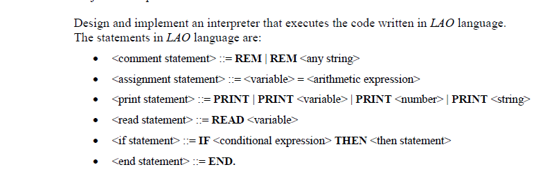 Please help me. Implementation Language for the LAO language interpreter: C++ Interpreter