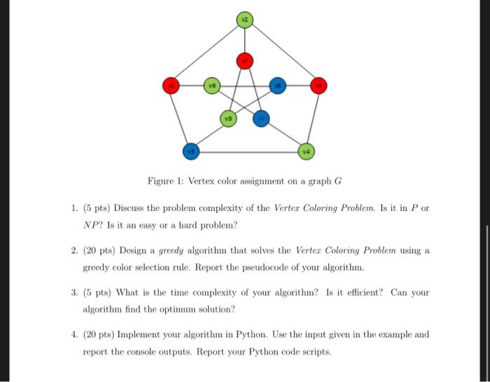 assign different colors to the adjacent vertices on a given graph G=(V,E).