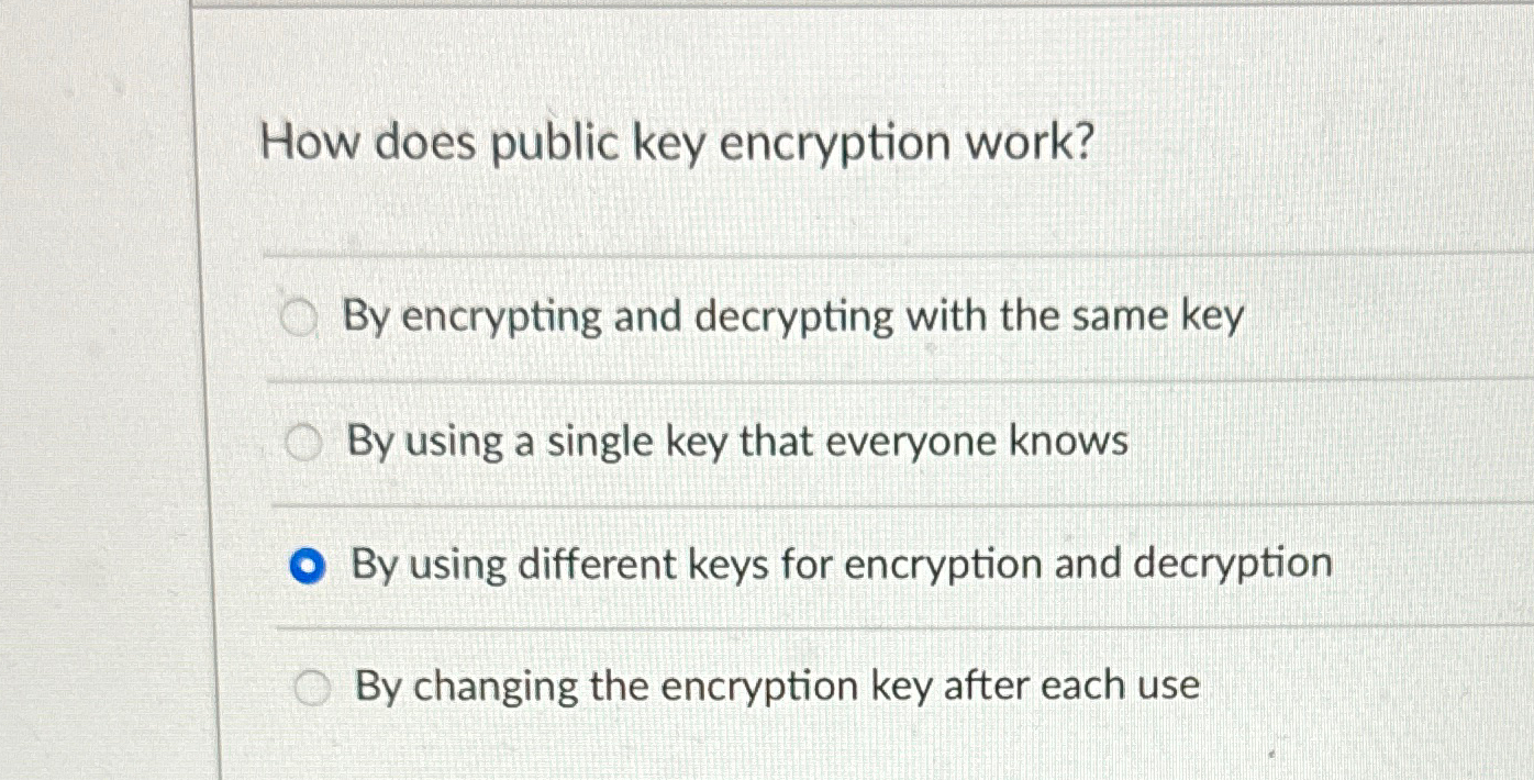  How does public key encryption work? By encrypting and decrypting with