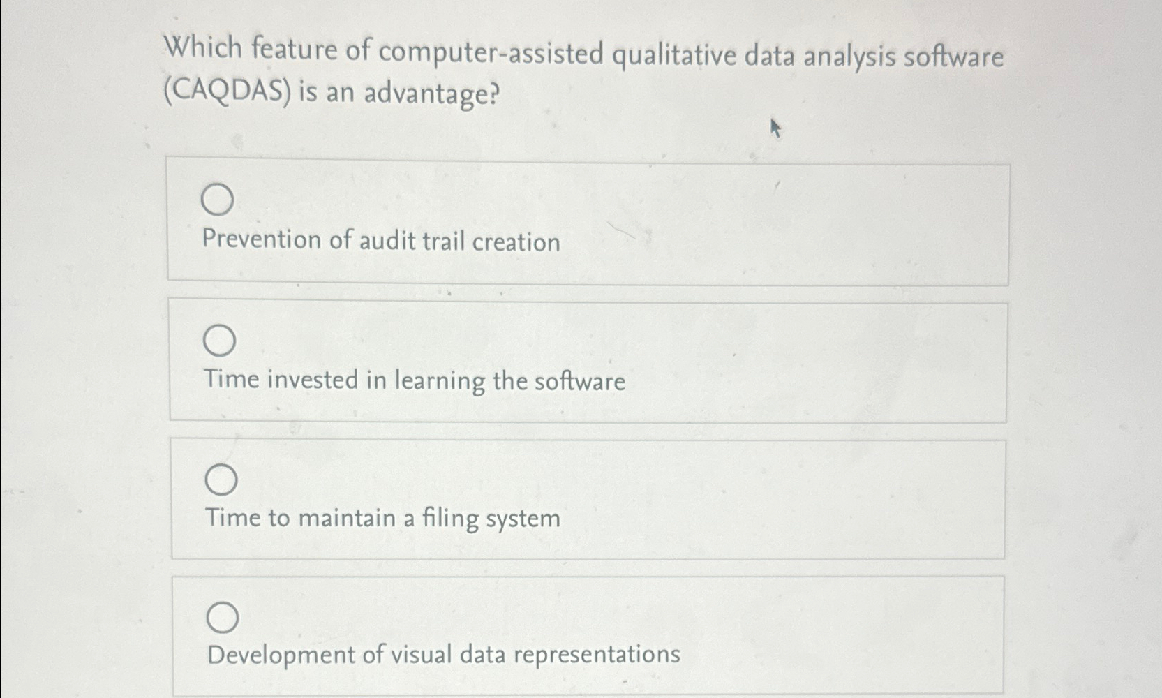  Which feature of computer-assisted qualitative data analysis software (CAQDAS) is an