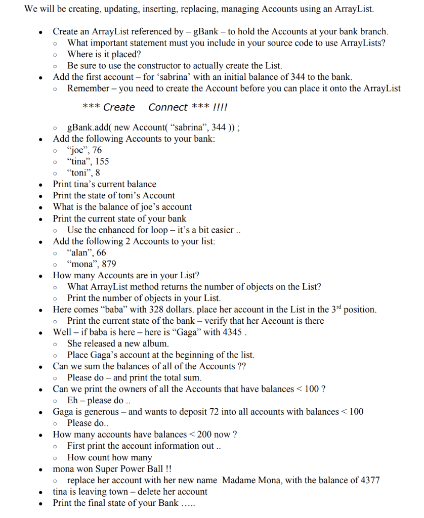 for java using ArrayList - use 2nd sheet methods for code We