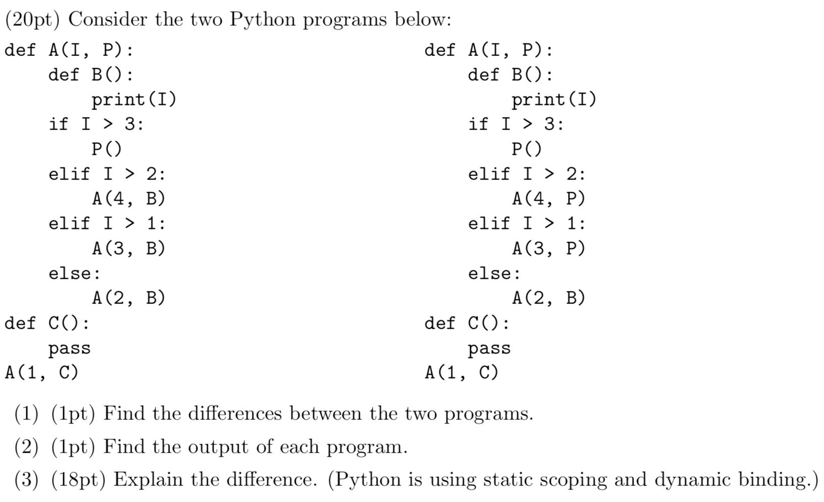  (20pt) Consider the two Python programs below: def A(I, P): def