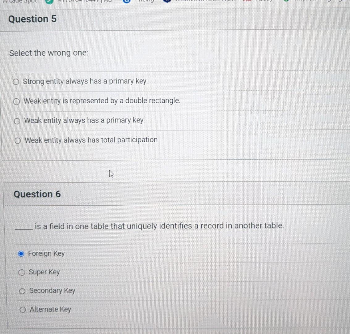  Select the wrong one: Strong entity always has a primary key.
