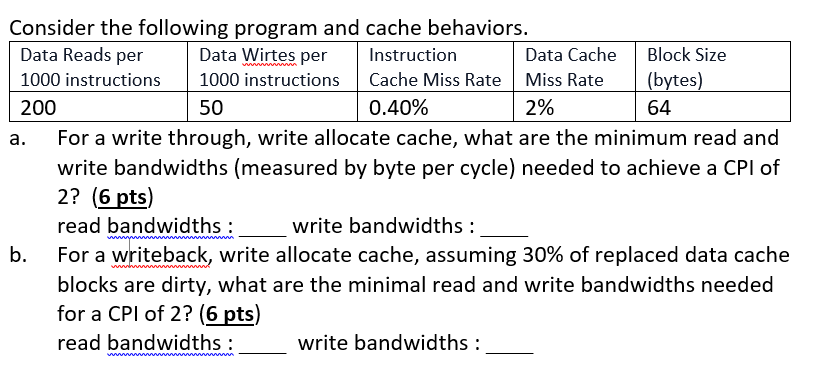 Consider the following program and cache behaviors. Data Reads per 1000