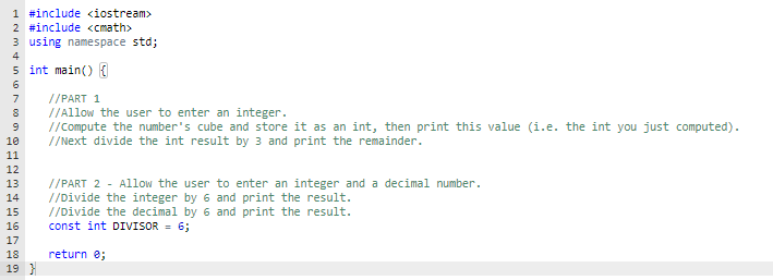 number's cube (x3) and store it as an int, then print this